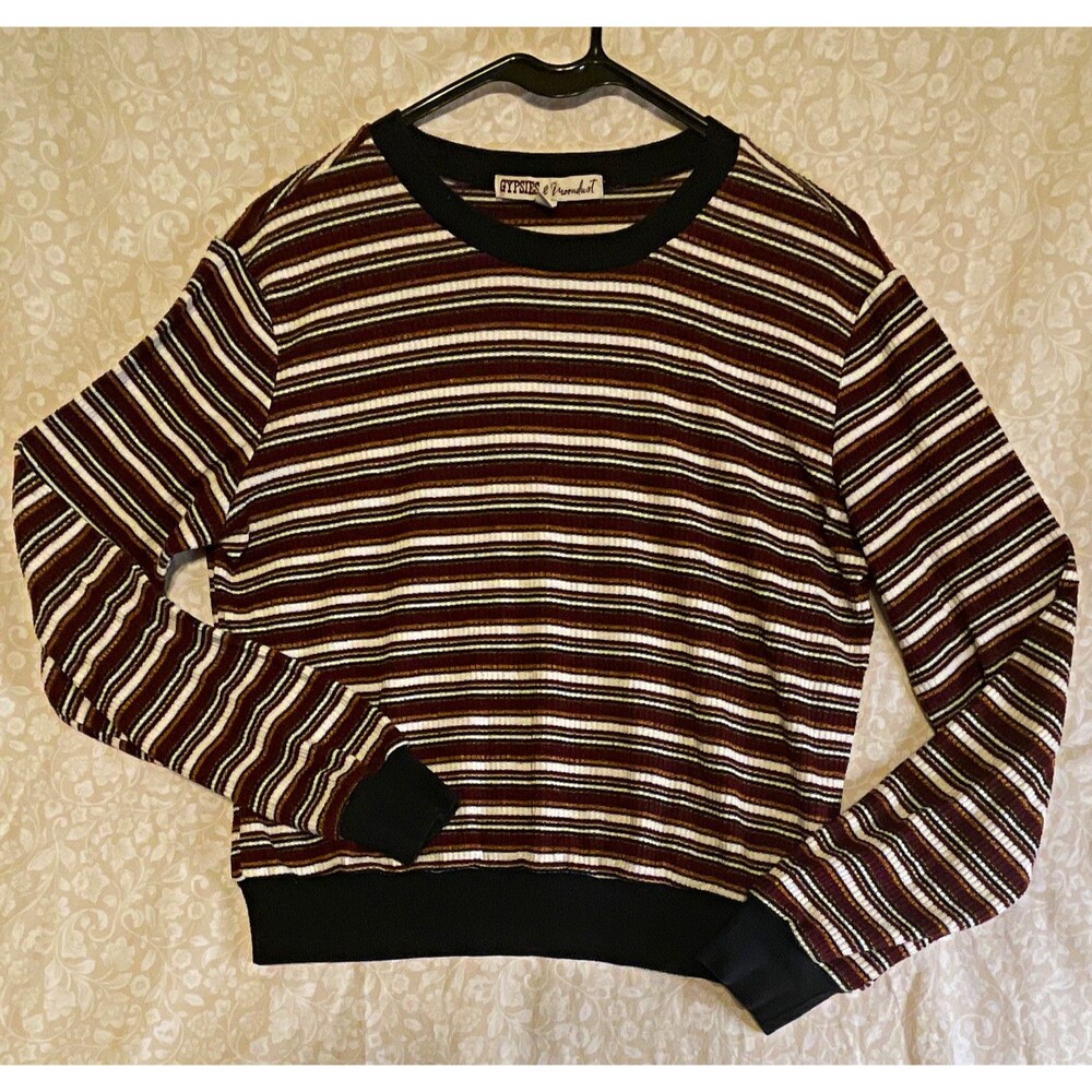 Gypsies & Moondust Women's M Burgundy/Brown/Black Striped Crew Neck Knit Sweater